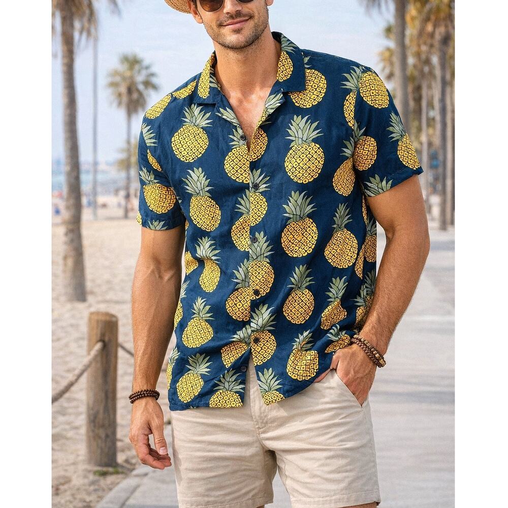Cactus Man Ricky Singh Pineapple Print Hawaiian Shirt Men’s Large Blue Yellow
